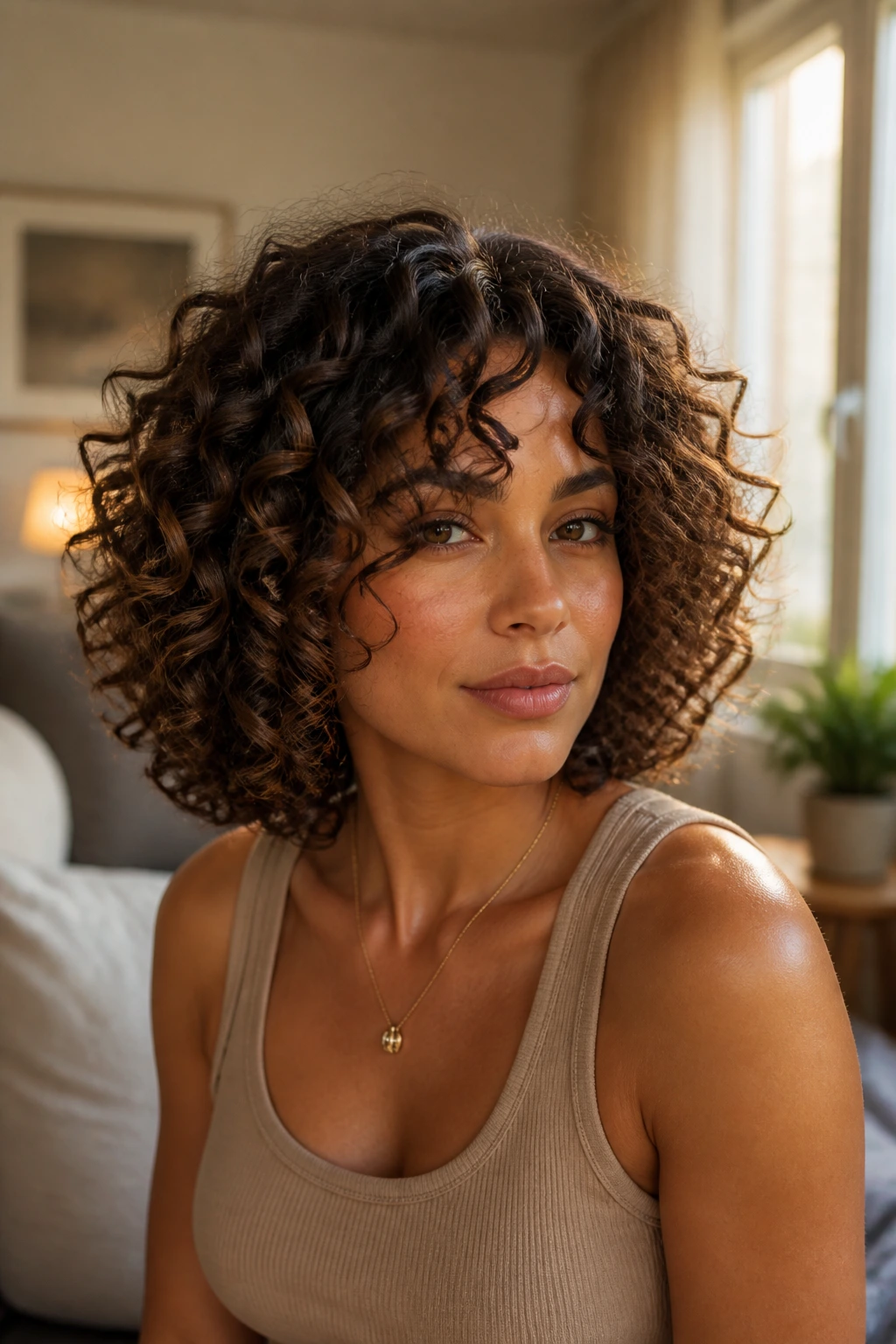 Medium close-up of woman with curly lob hairstyle