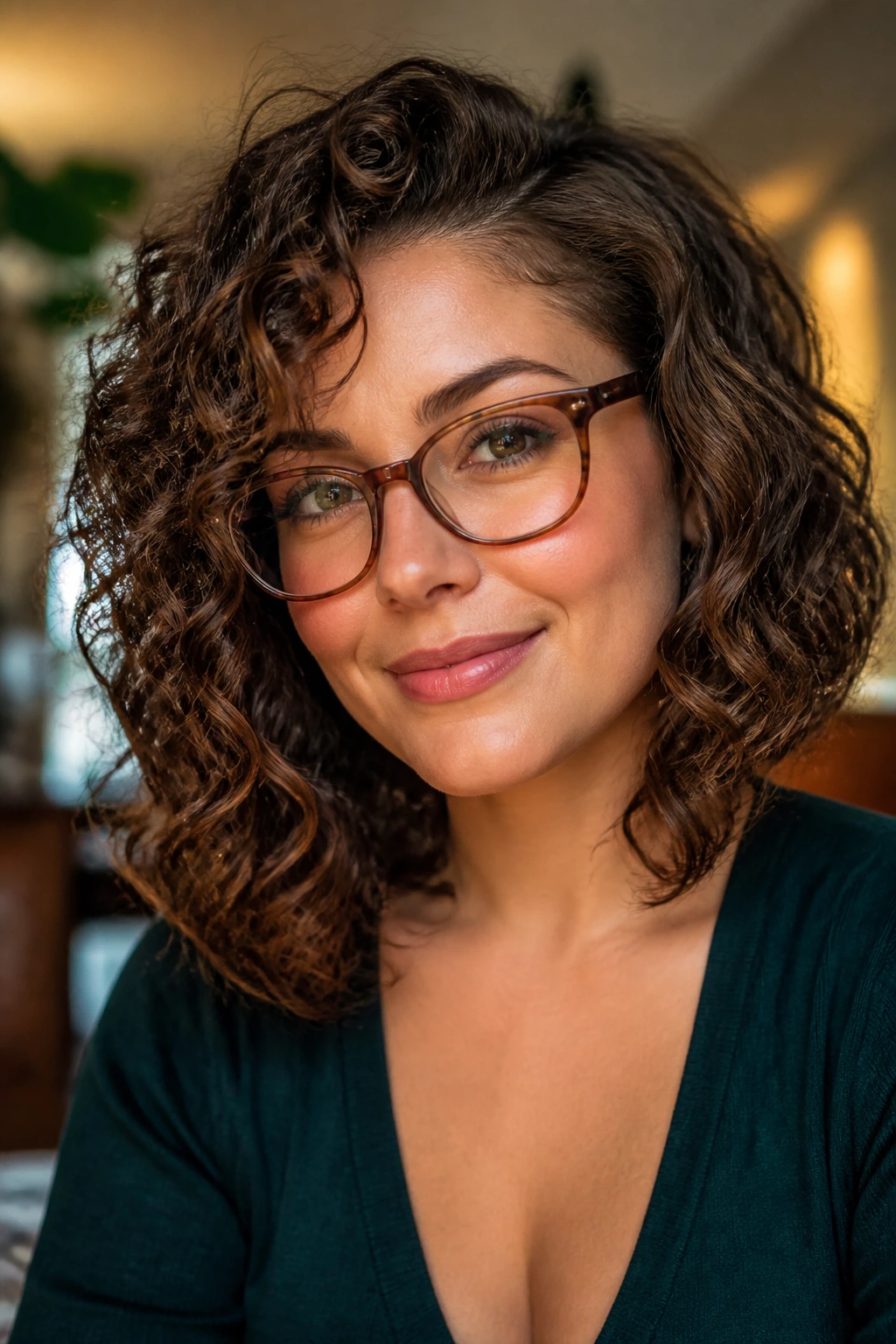 Woman with glasses showing a glasses-friendly side-swept curly lob