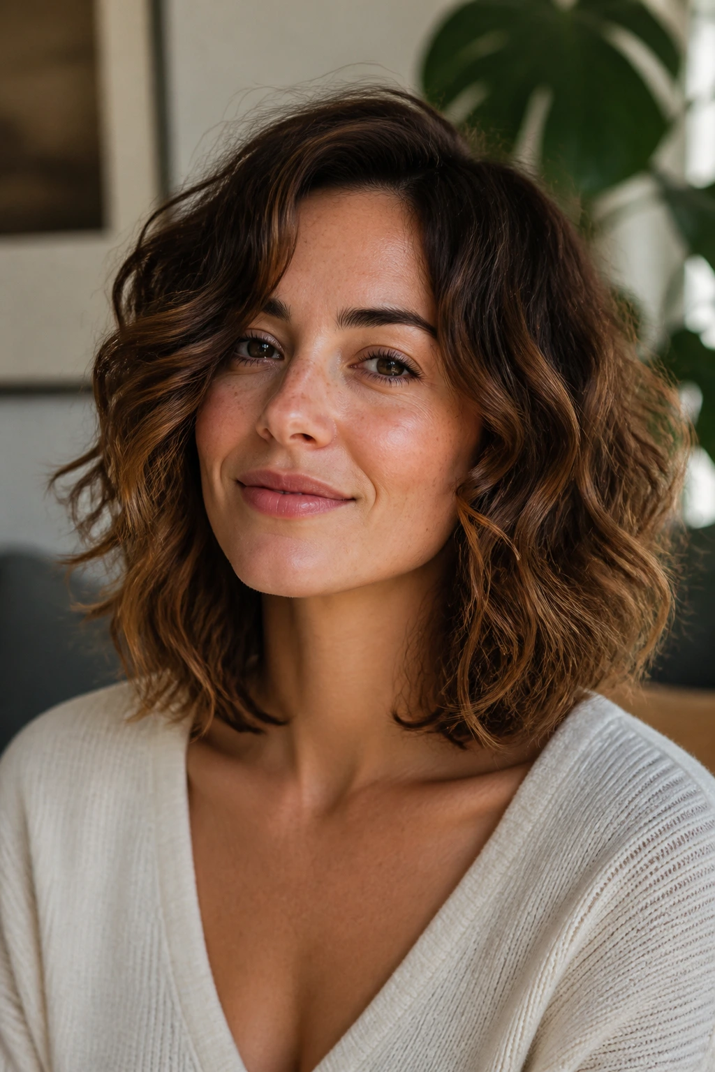 Real woman with curly-wavy long bob at collarbone length showcasing variations.