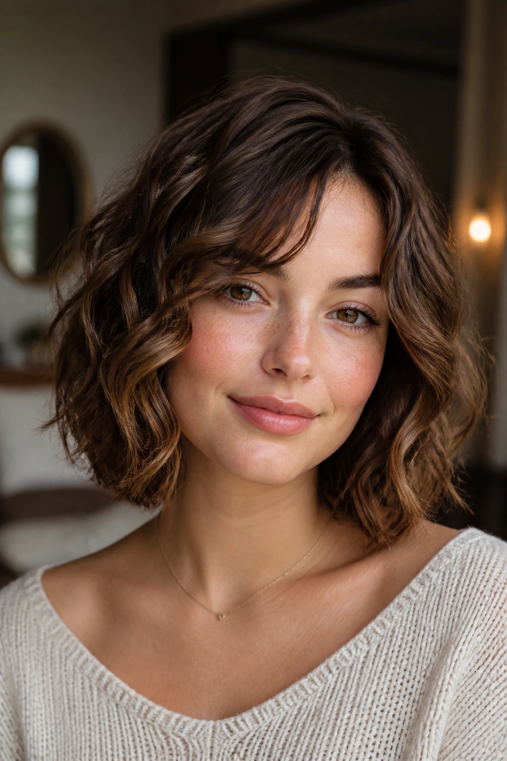 Portrait of a real person with curly lob on a heart-shaped face