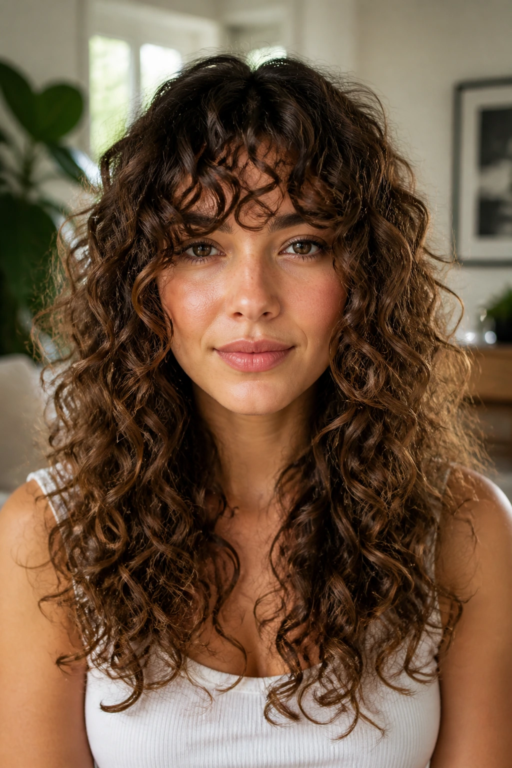 Close-up portrait of a real person with curly long bangs resting along curl pattern