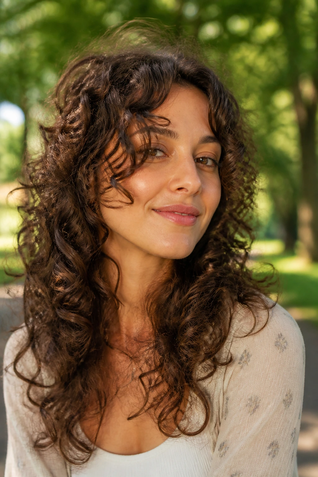 Portrait of a real woman with curly long layers around the face