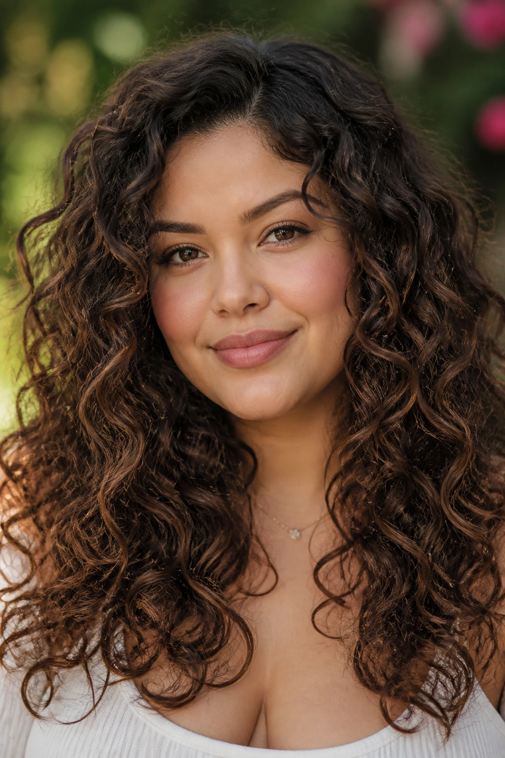 Close-up of a real woman with curly long layers shaping the round face