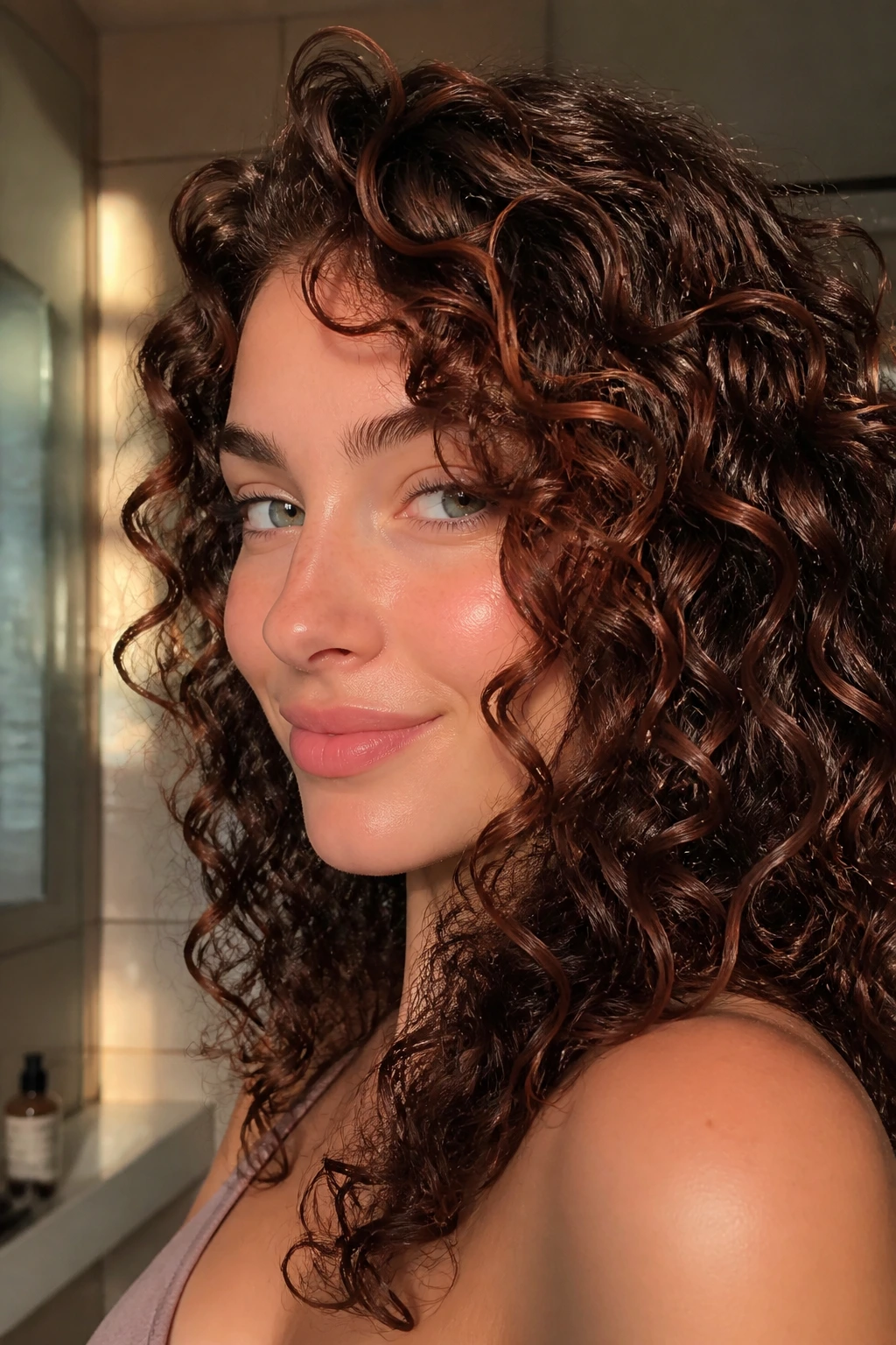 Close-up of curly hair with mahogany ribbon lights tracing curls