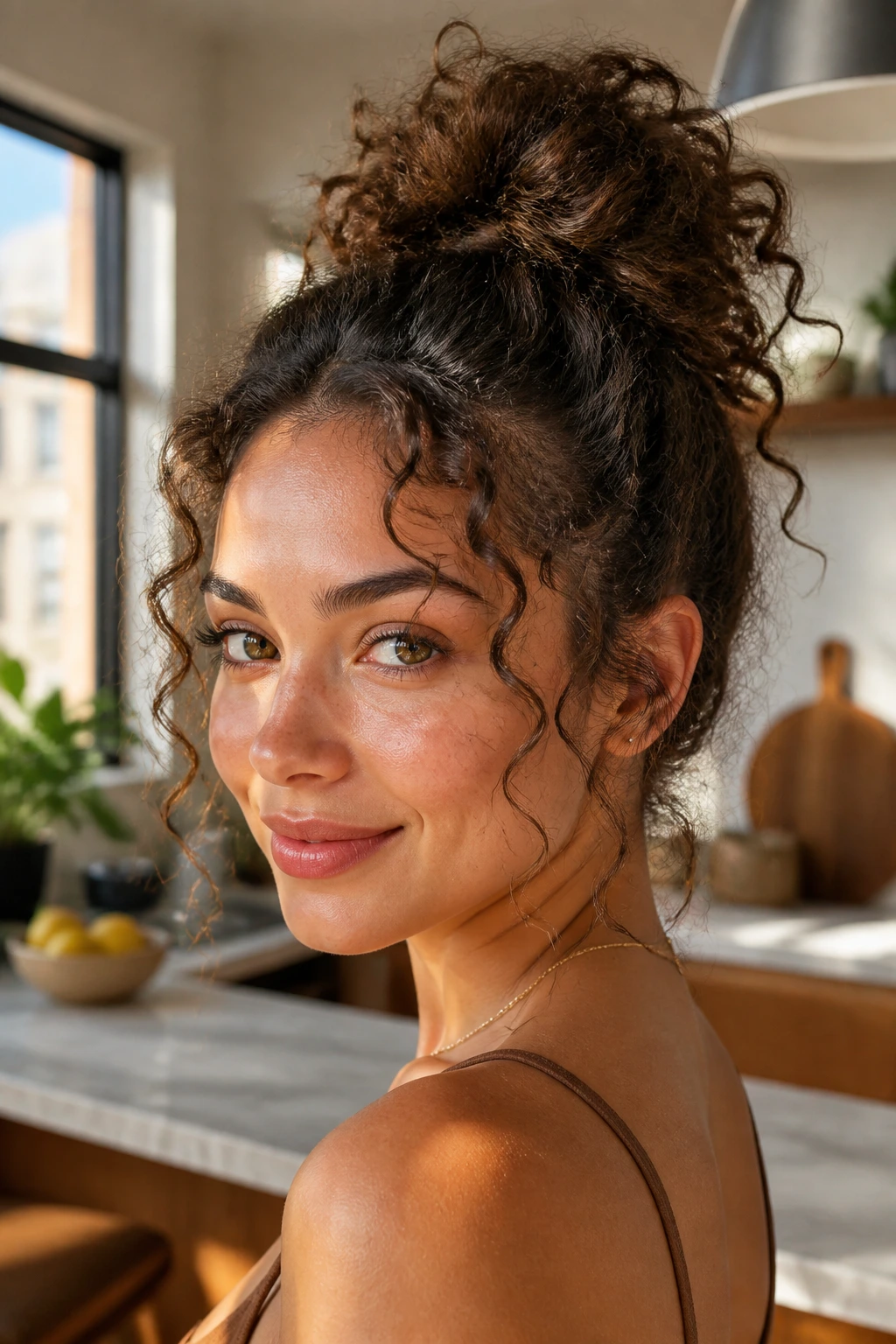 Close-up of a real person with a curly messy bun and face-framing tendrils