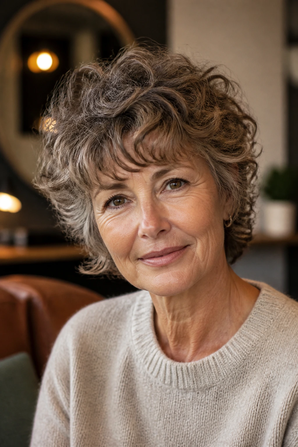 Real woman with curly mini shag and soft fringe, curls defined and bouncy