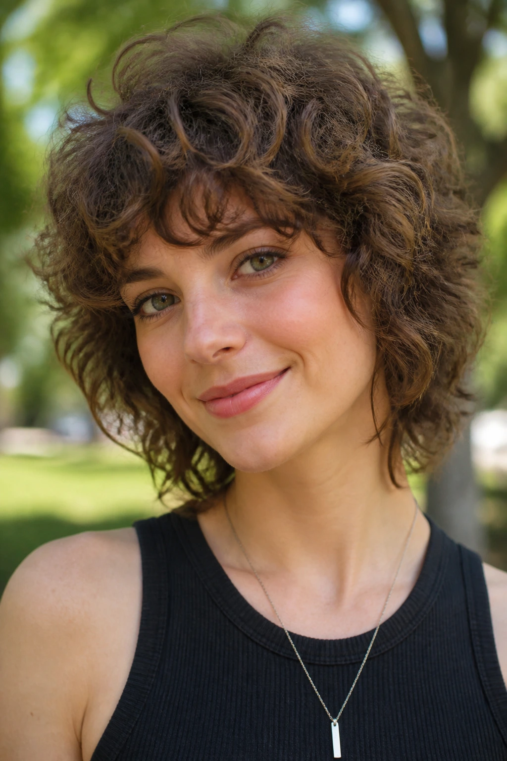 Close-up portrait of a real person with curly mini shag under natural daylight