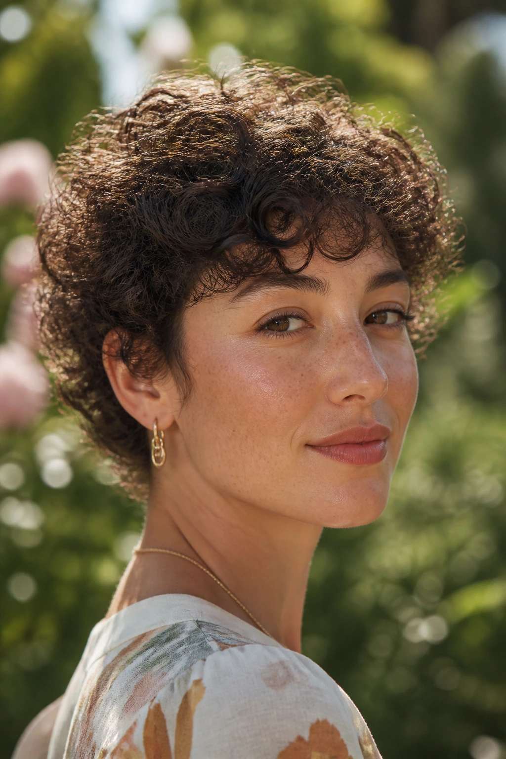 Real woman with curly mixie hairstyle in a sunlit garden setting.