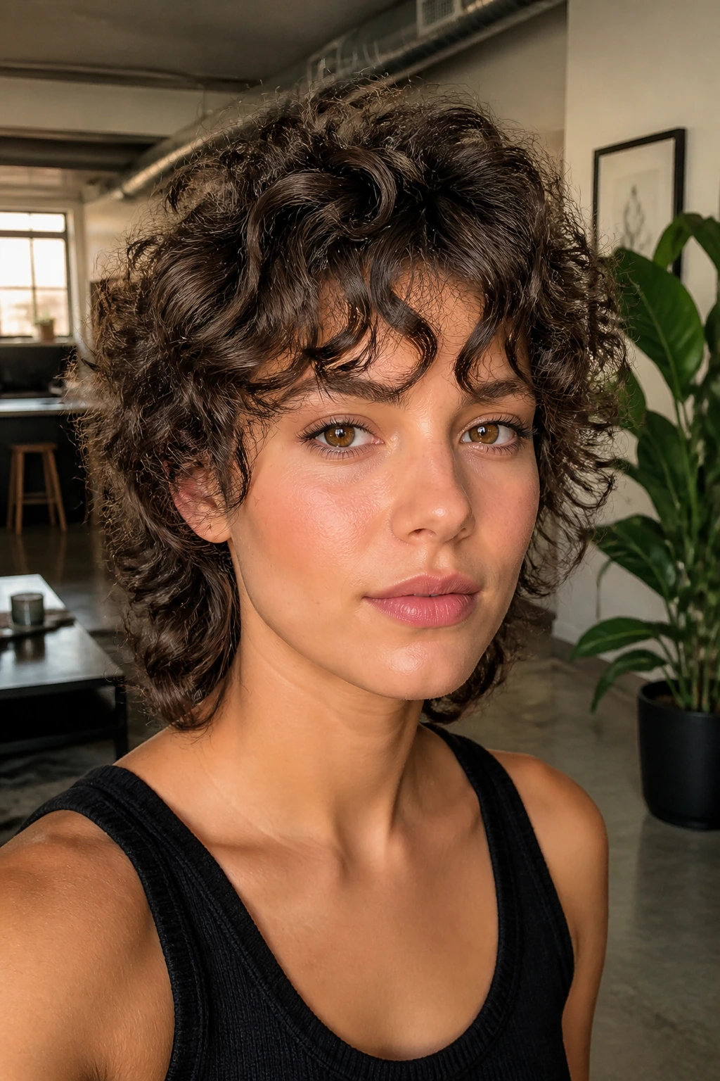 Real person with curly mixie and split fringe