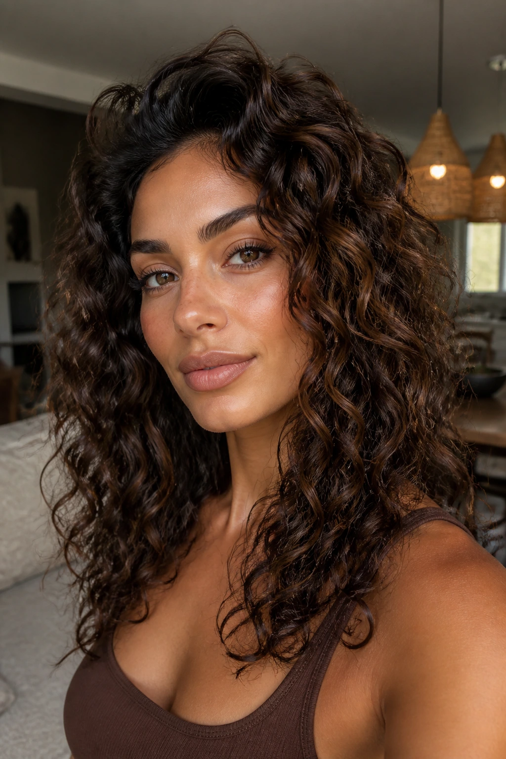 Close-up portrait of a real woman with curly brunette hair in mocha shade under soft daylight