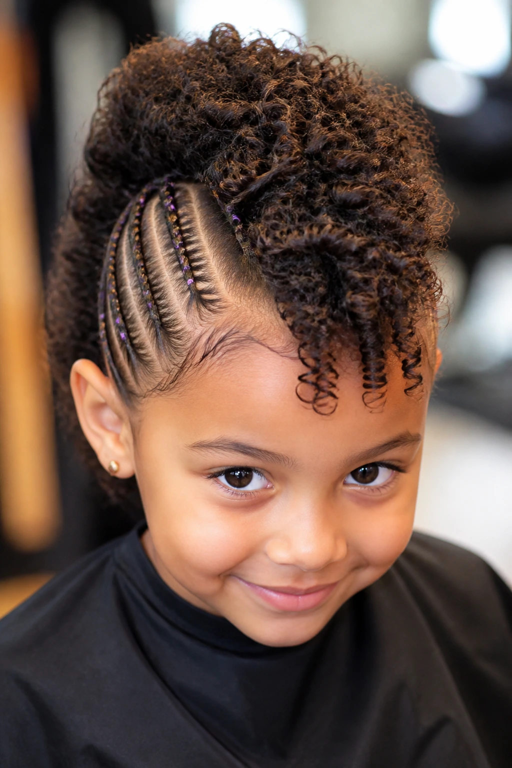 Real girl with curly mohawk and small accent braids in bright salon lighting