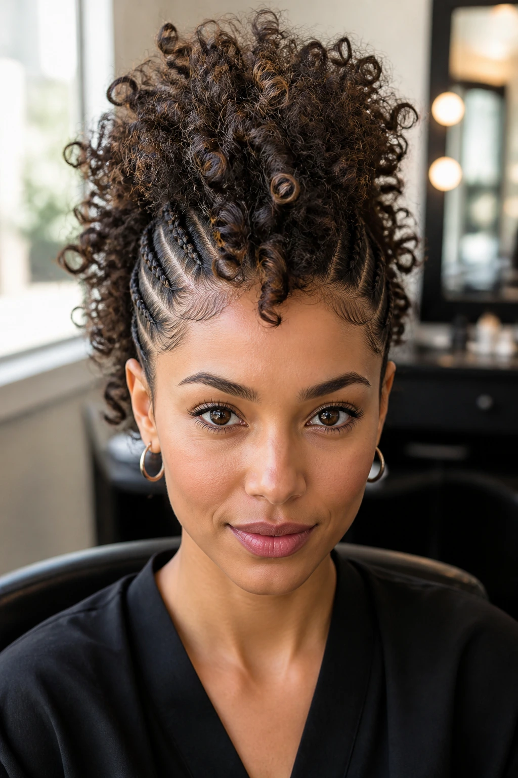 Close-up of a real woman with a curly mohawk and braided sides in a salon-like setting.
