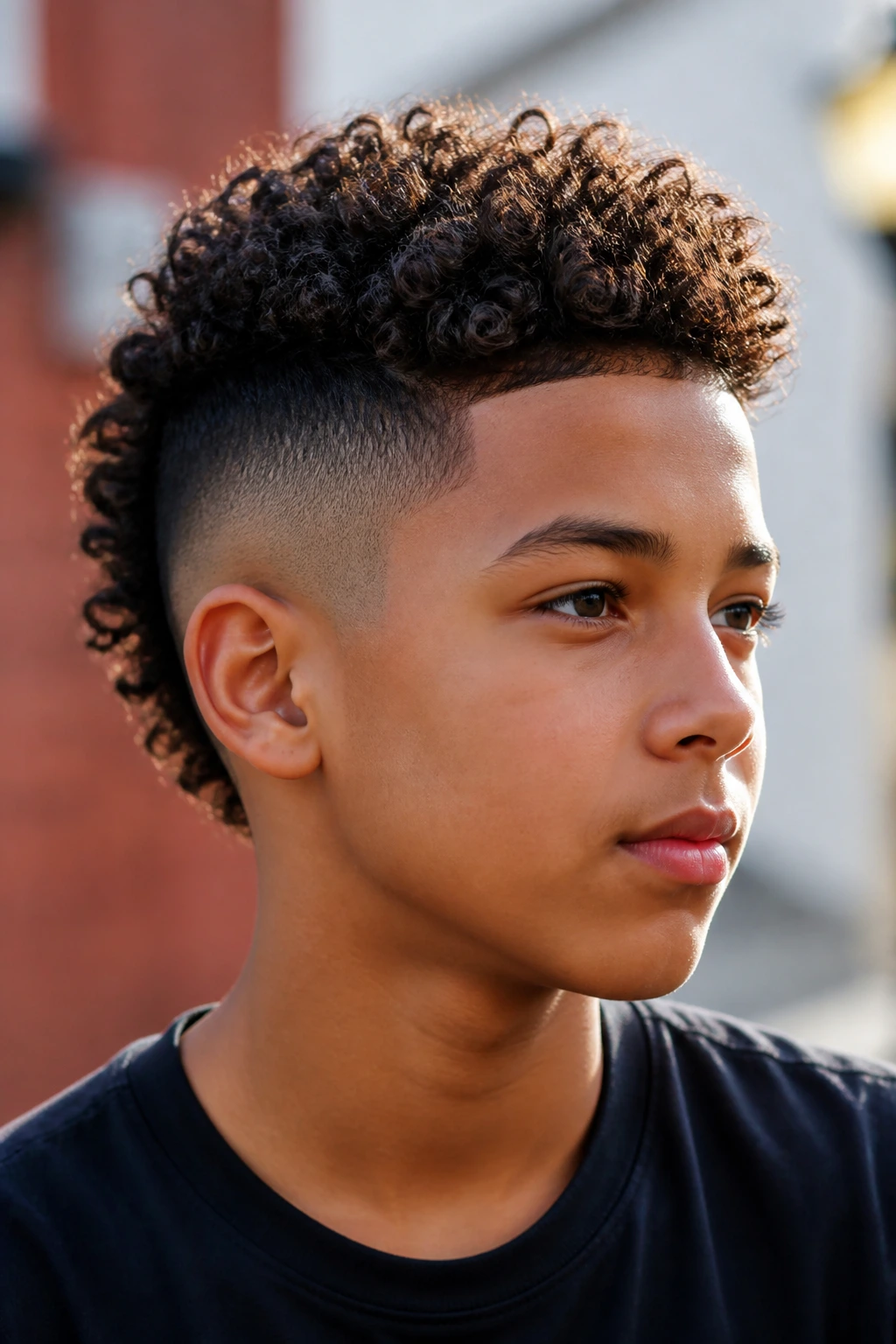 Real boy with curly mohawk fade in urban outdoor setting