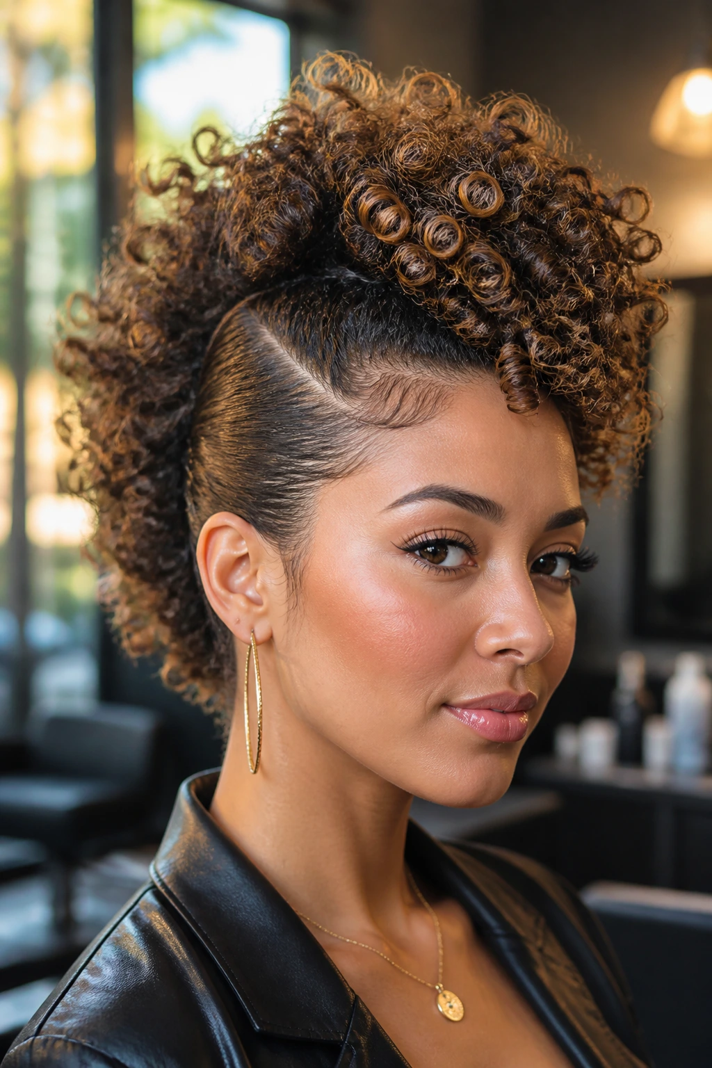 Close-up portrait of a real person with Curly Mohawk Puff showing a full center puff and sleek sides with lowlights
