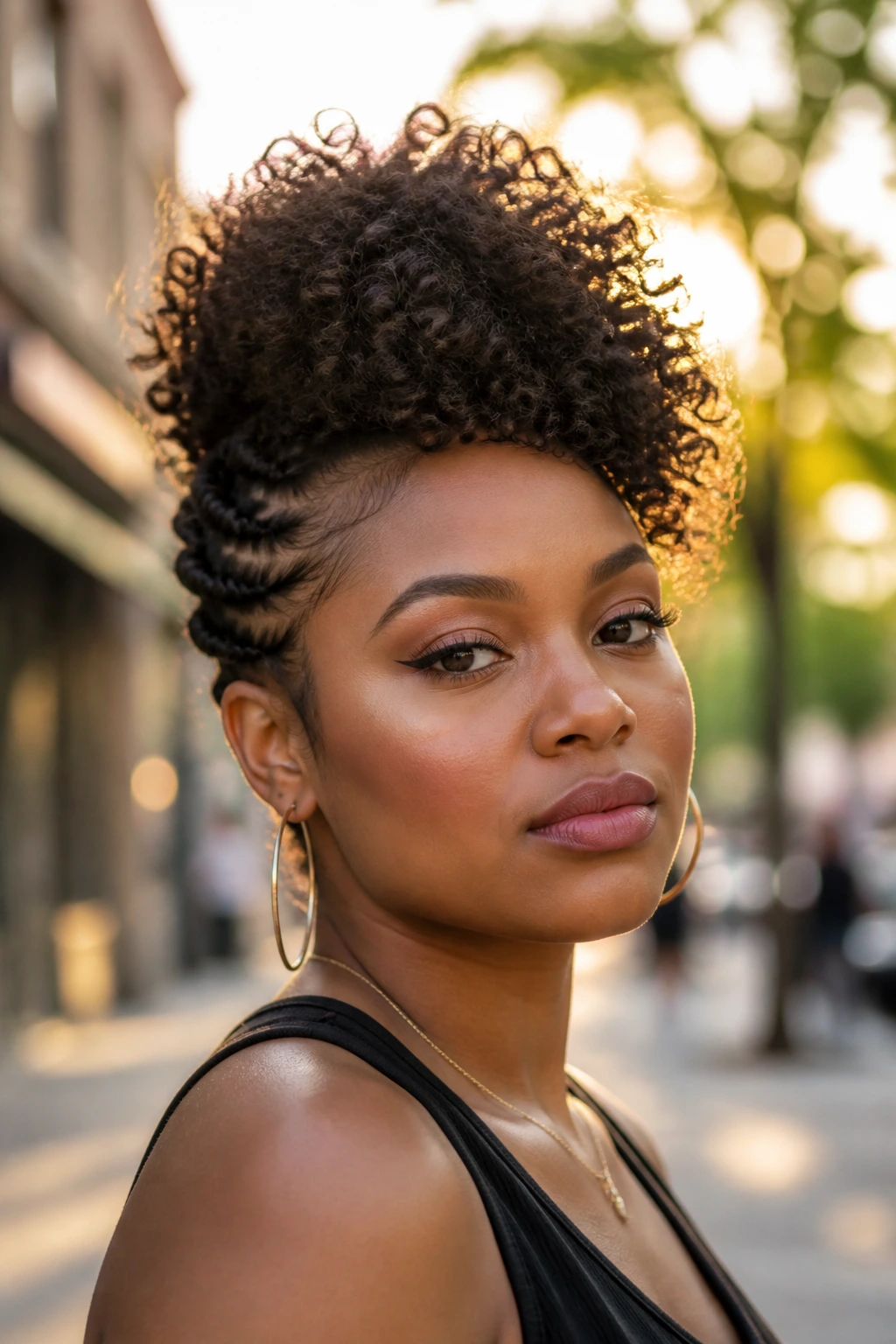Close-up of a woman with curly Mohawk updo and pinned sides