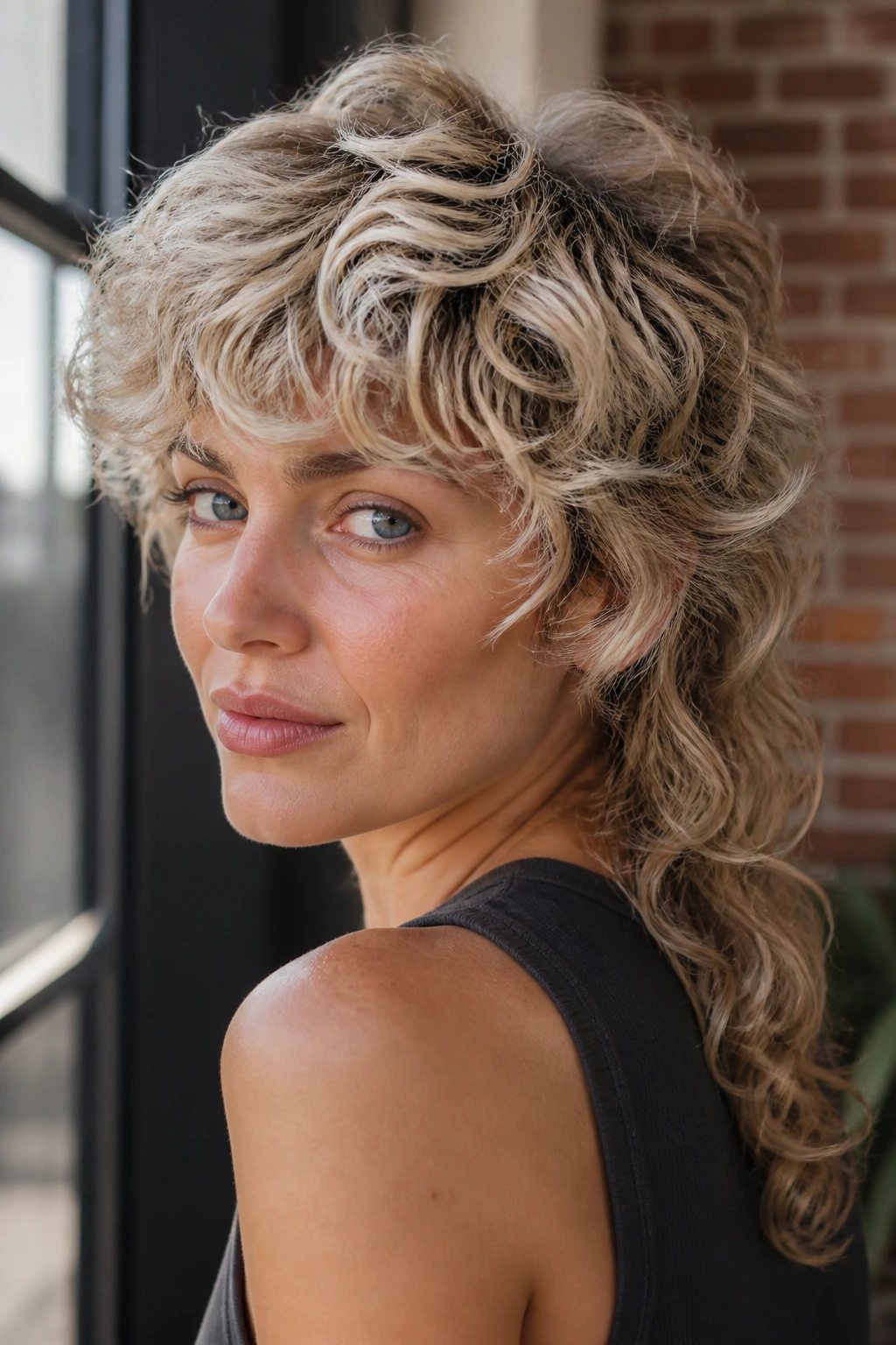 Close-up portrait of a real person with a soft curly mullet and ash blonde top layers.