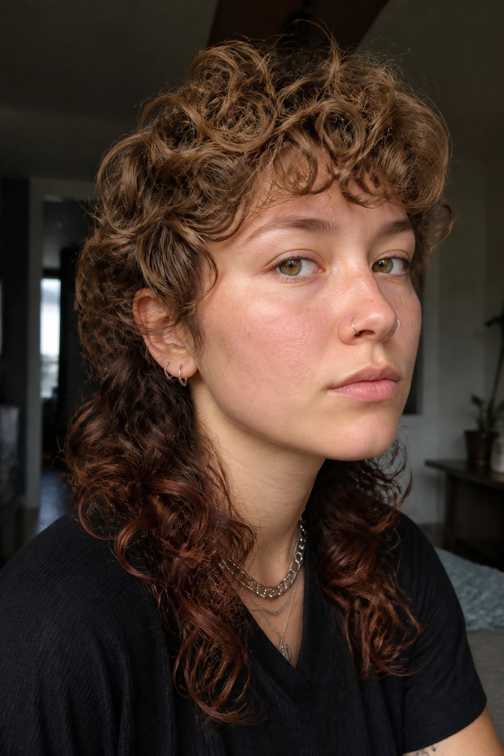 Close-up of a real person with a curly mullet featuring auburn-brown flickers in the back