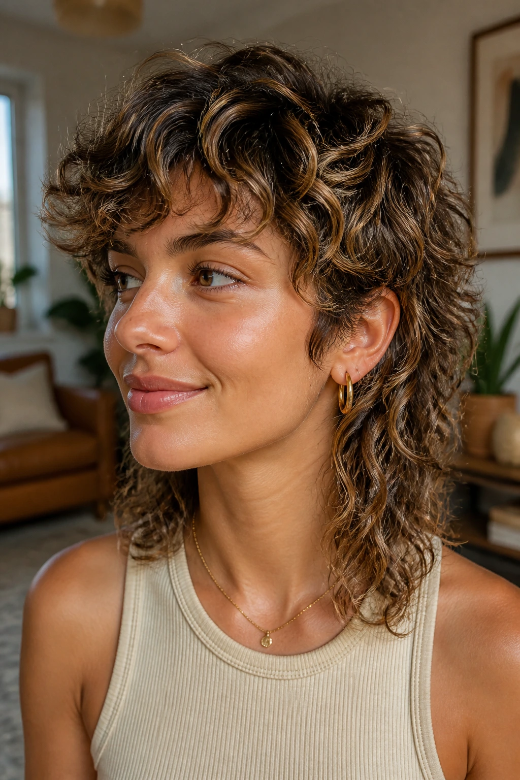 Close-up portrait of a real woman with curly mullet lite and warm caramel balayage