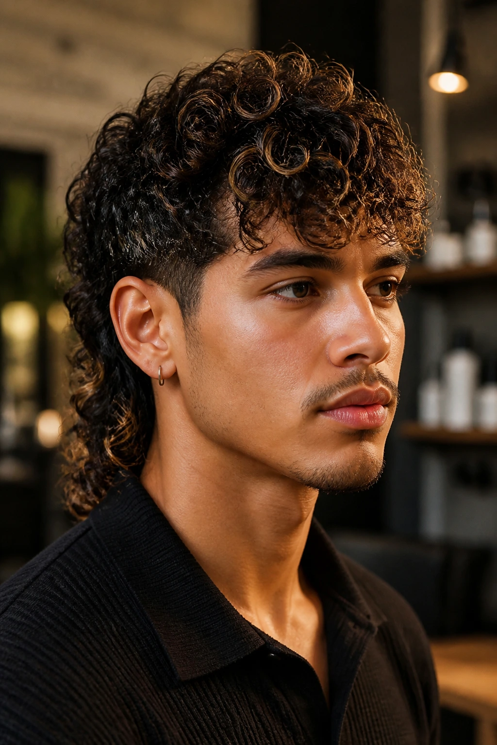 Close-up of a real person with a curly mullet and caramel contrast around the front and crown