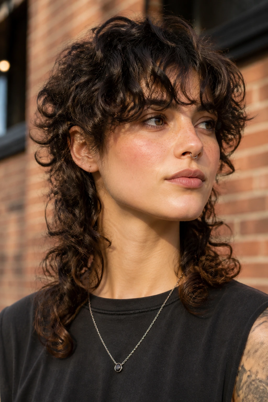 Close-up of a real person with curly mullet and chunky curtain fringe.