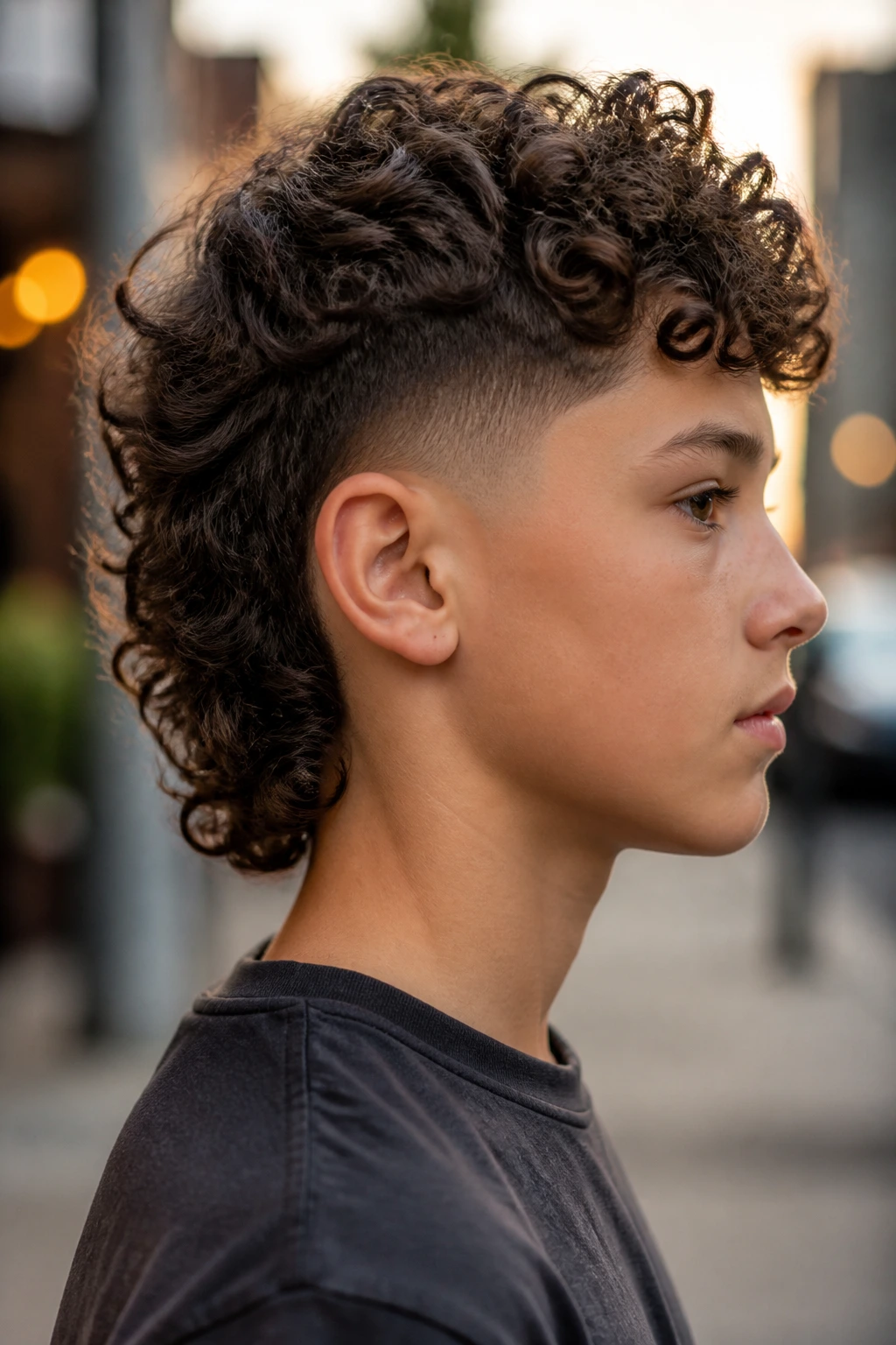 Profile of real boy with Curly Mullet and clean sides