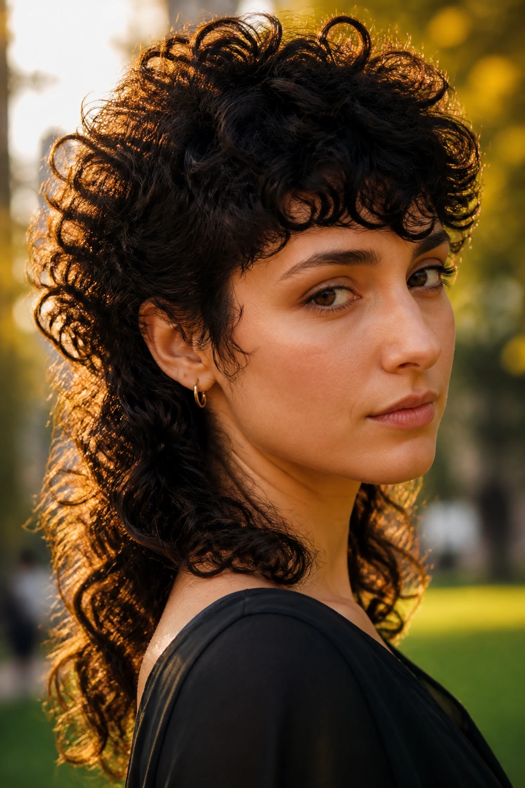 Close-up of a real woman with a curly mullet and soft-edged ends