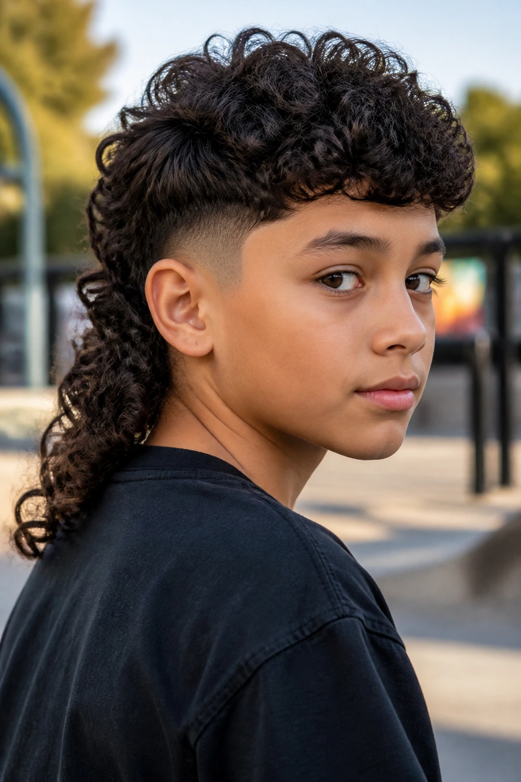 Portrait of a child with curly mullet and low taper fade