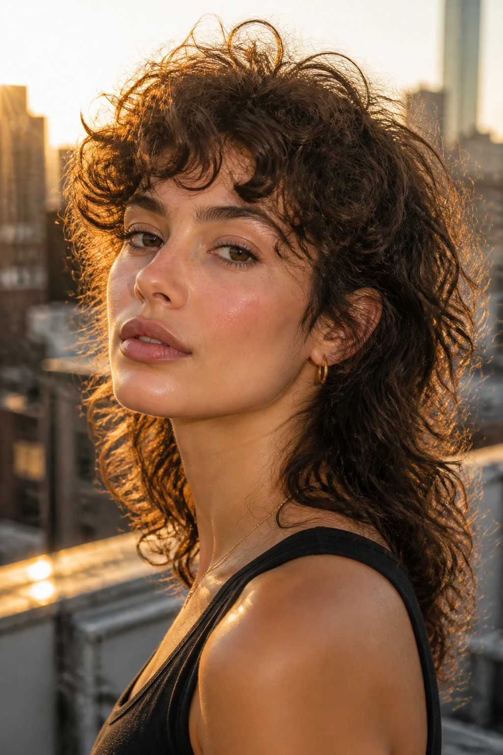 Close-up portrait of a real person with a curly mullet and feathered fringe.