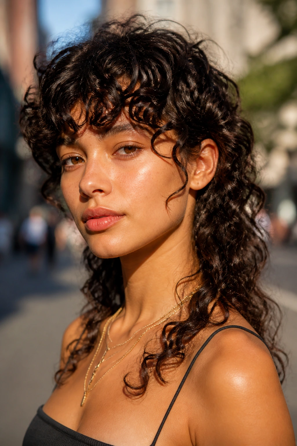 Portrait of a real person with curly mullet fringe against an urban background