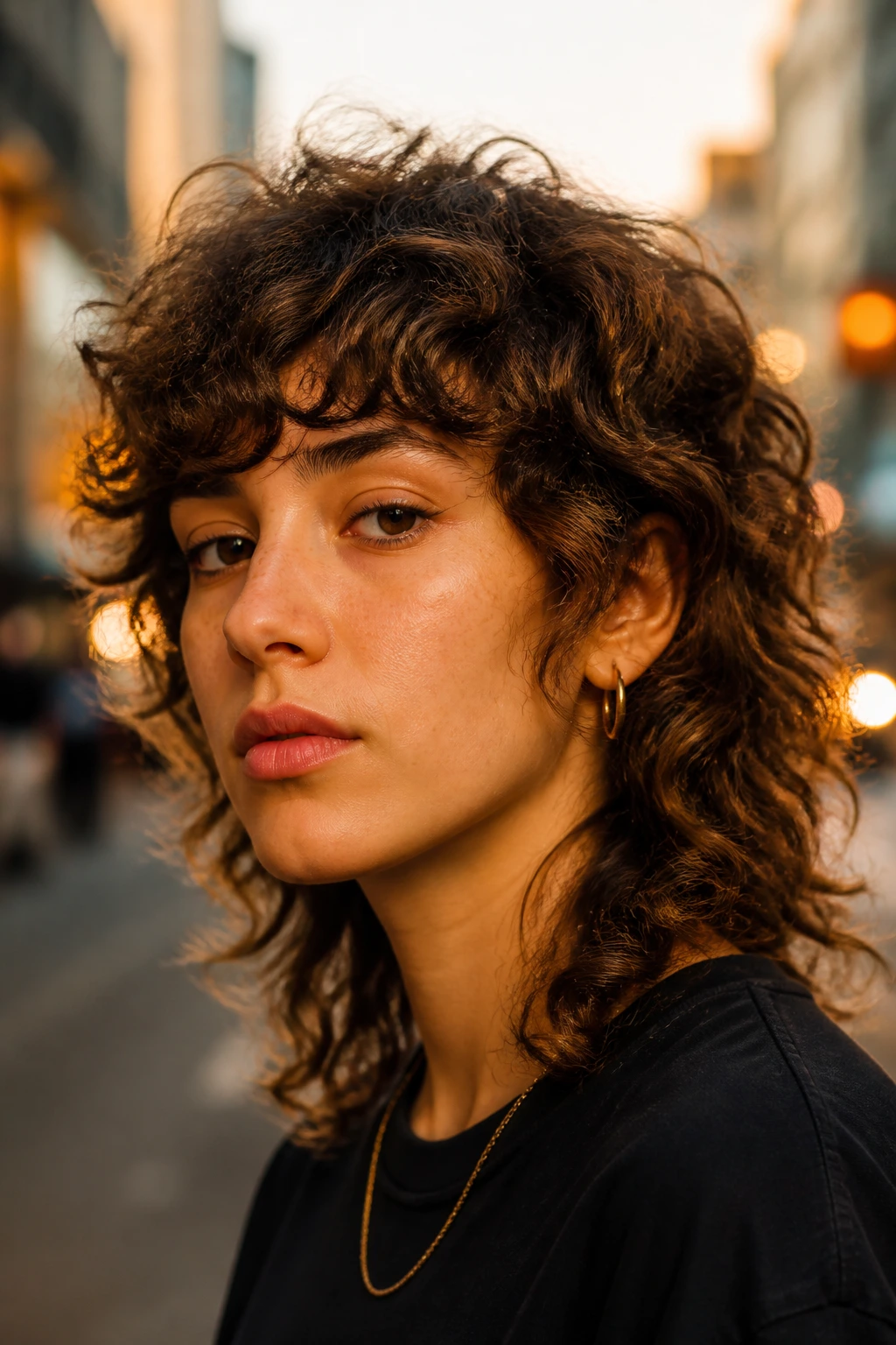 Close-up of a real person with curly mullet and soft fringe on an urban street at golden hour.