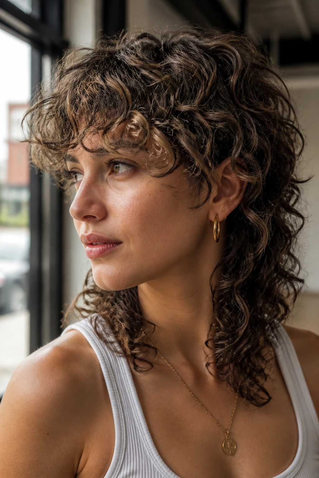 Portrait of a real person with curly mullet and feathered fringe