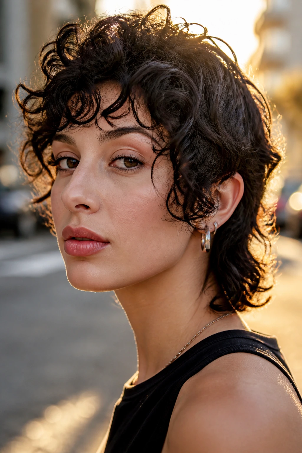 Close-up of real person with curly mullet lite and front payoff in golden hour light