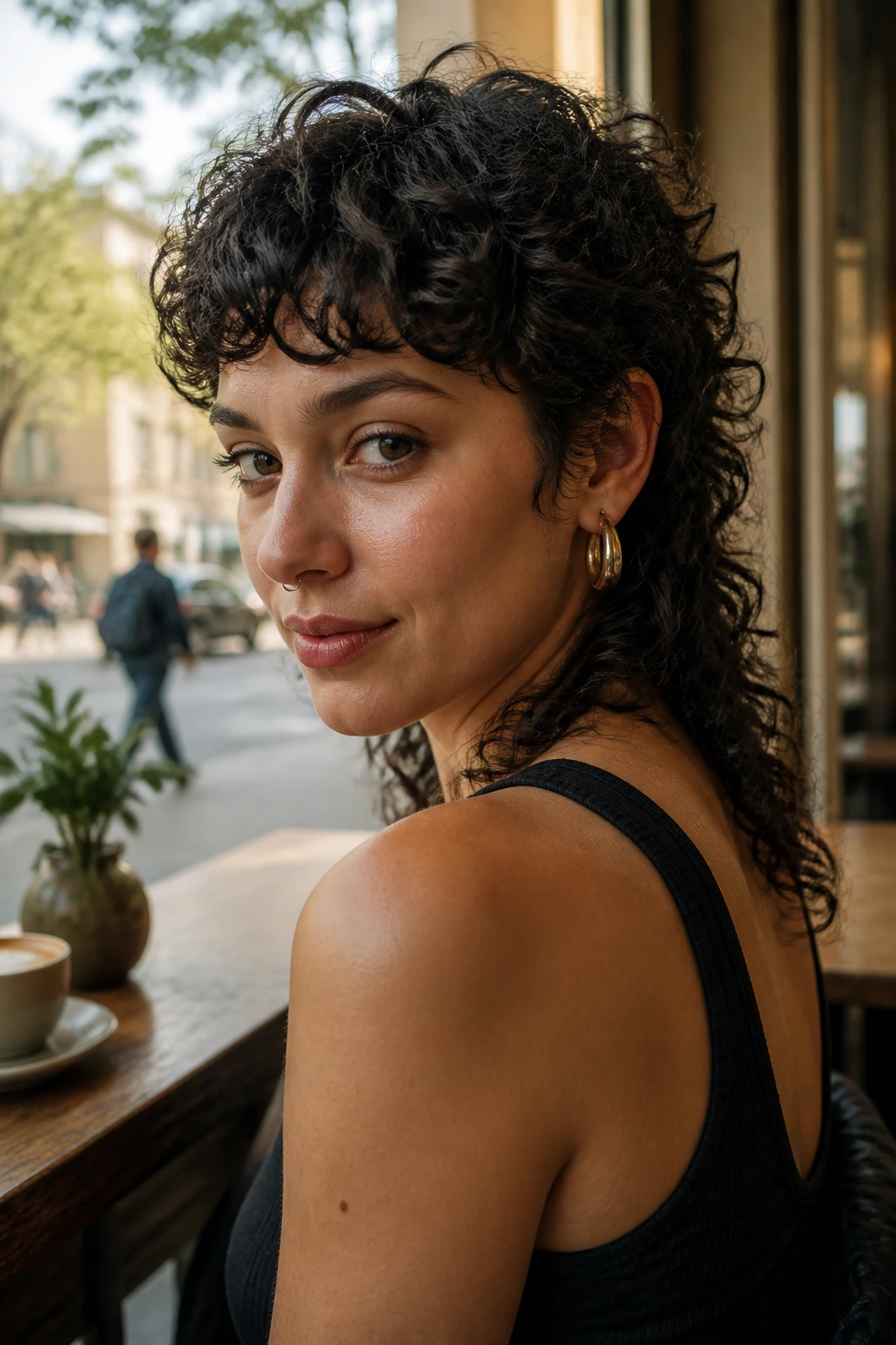 Real woman with a curly mullet showing short front and longer back.