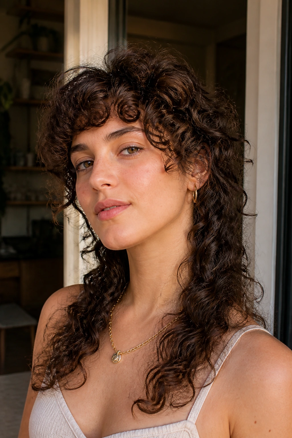 Close-up of a real woman with curly mullet front shorter crown blending into a long back