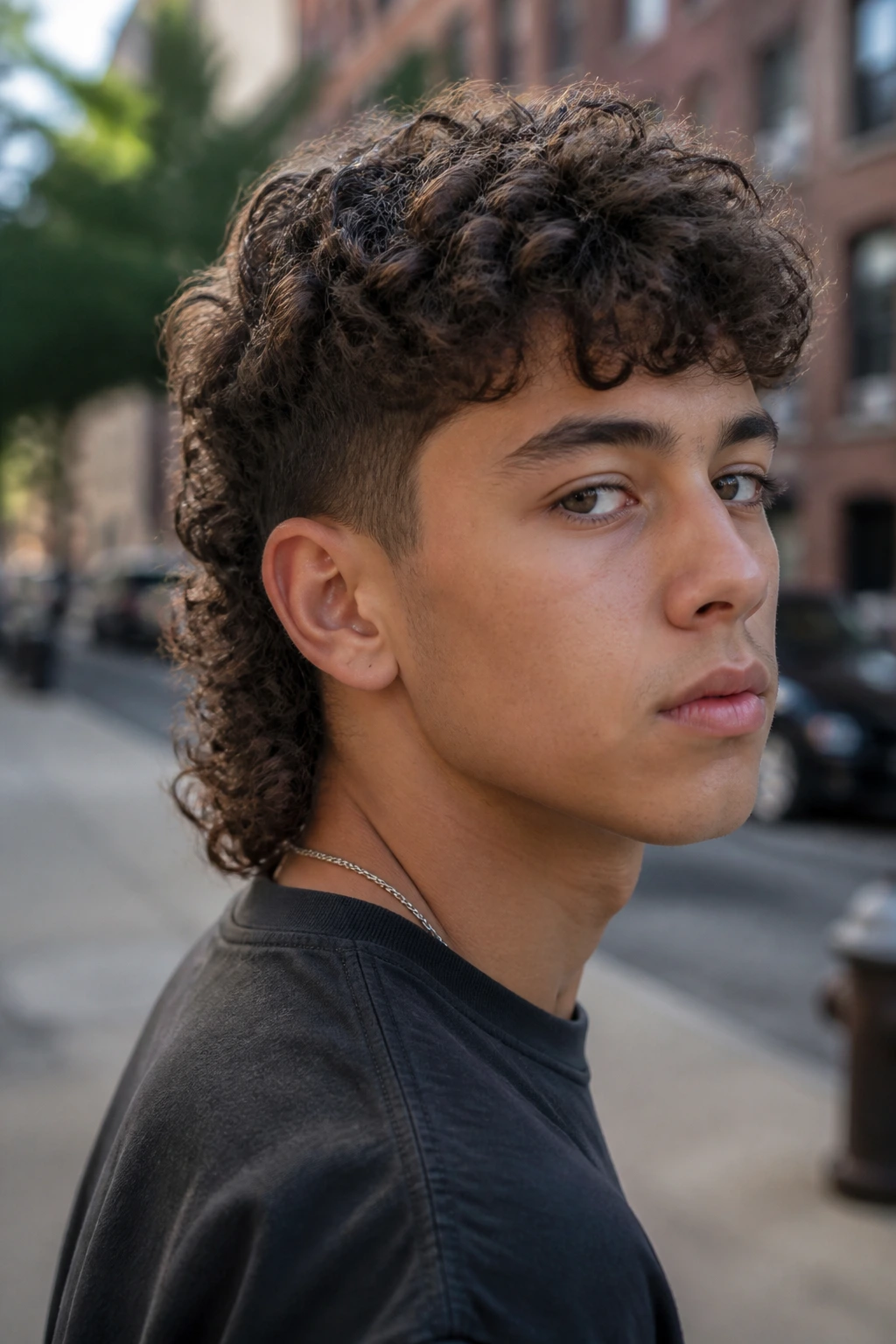 Three-quarter portrait of real boy with curly mullet outdoors