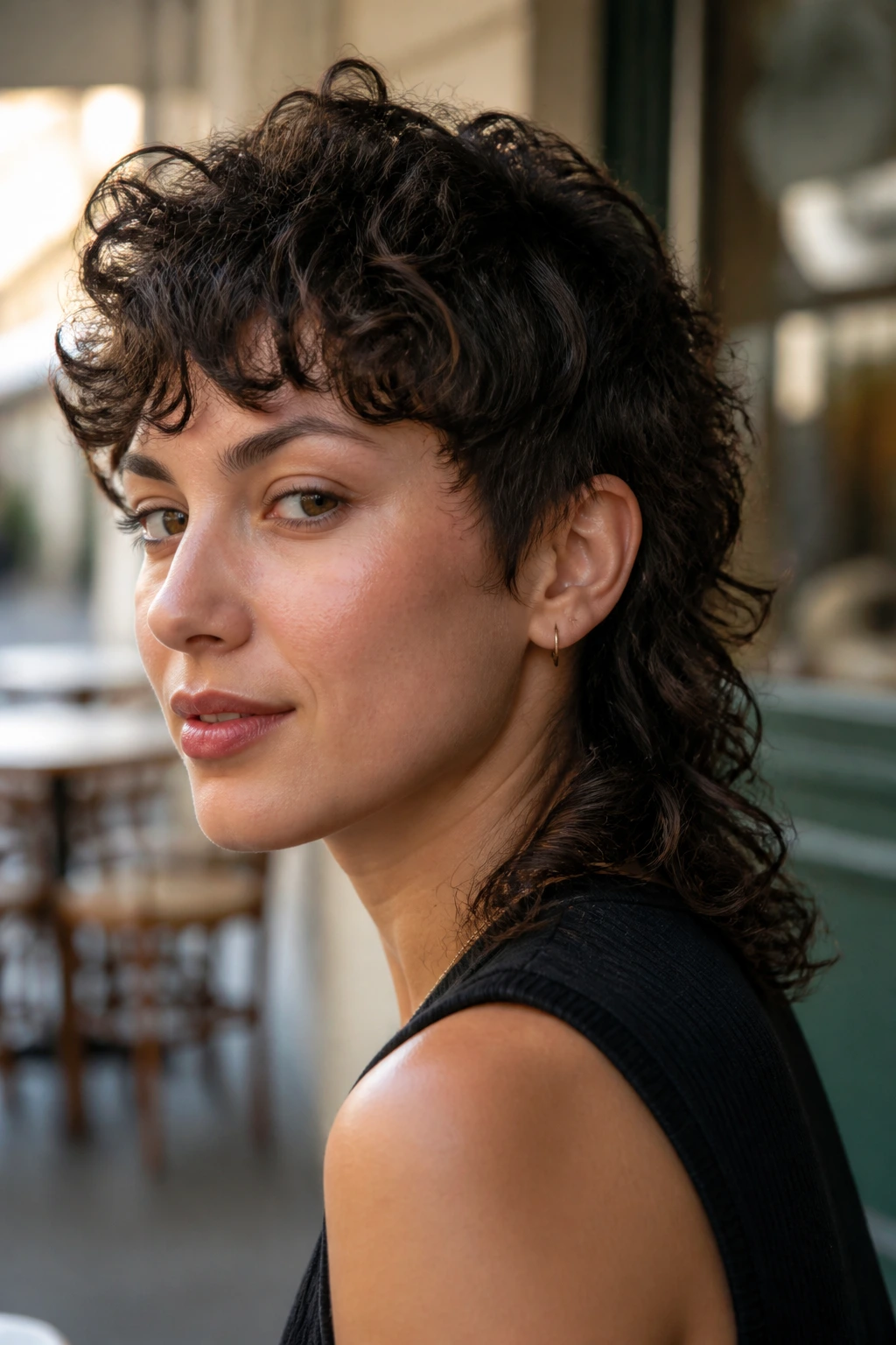 Three-quarter portrait of a woman with curly mullet hairstyle, front short, back long