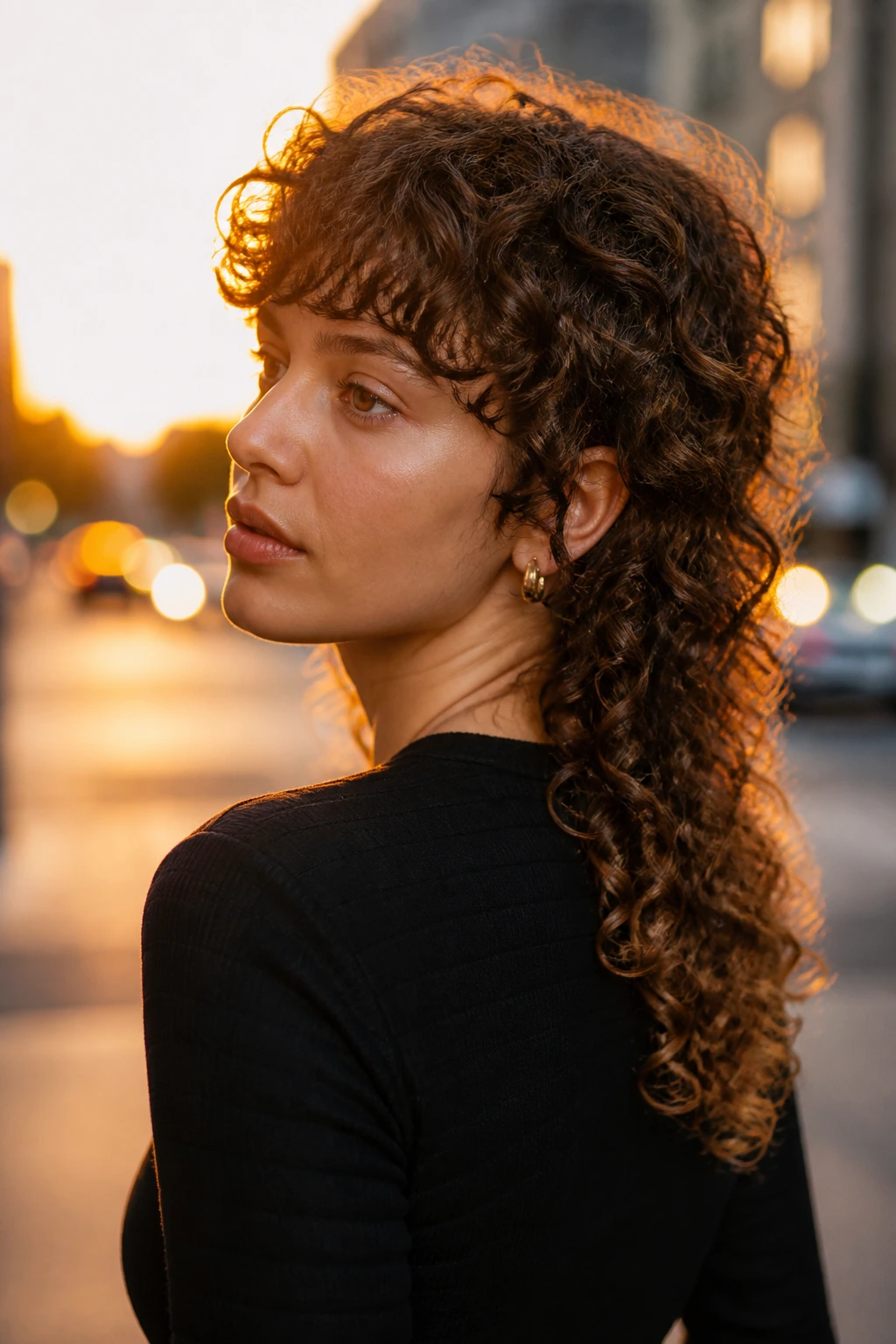 Portrait of a woman with curly mullet lite showing shorter front and longer back.