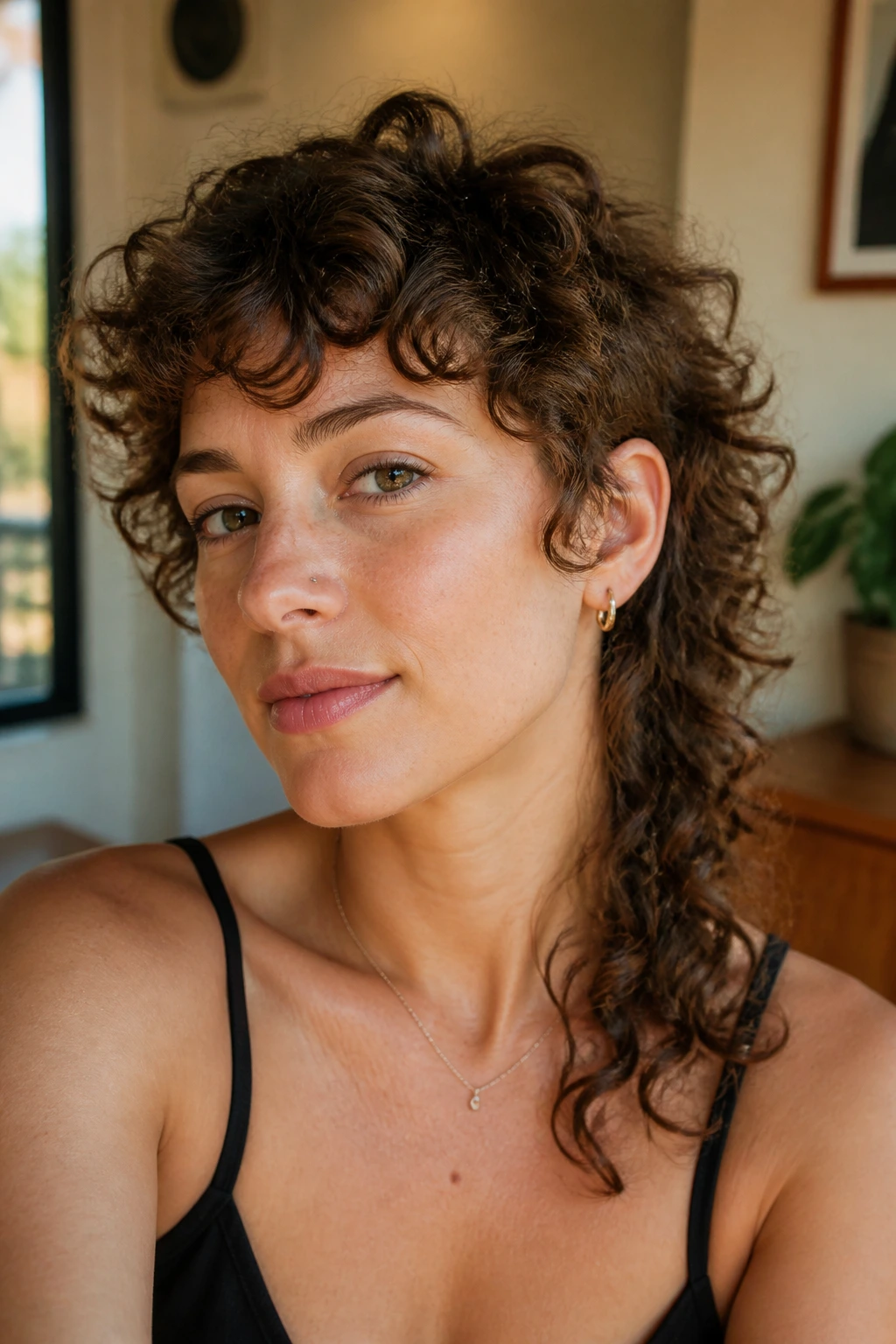 Close-up of a woman with curly mullet-lite and a soft longer side.