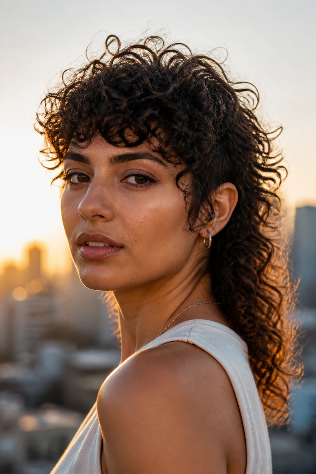 Real person with curly mullet exhibiting modern soft lines in golden hour light