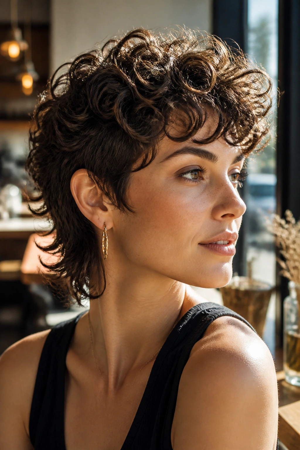 Close-up of a real person with curly mullet pixie hairstyle in sunlit cafe window light