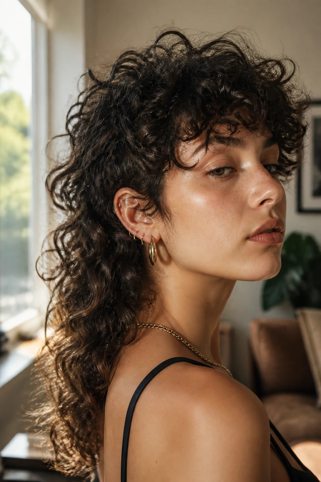 Close-up portrait of a real person with a curly mullet featuring a short crown and long back curls