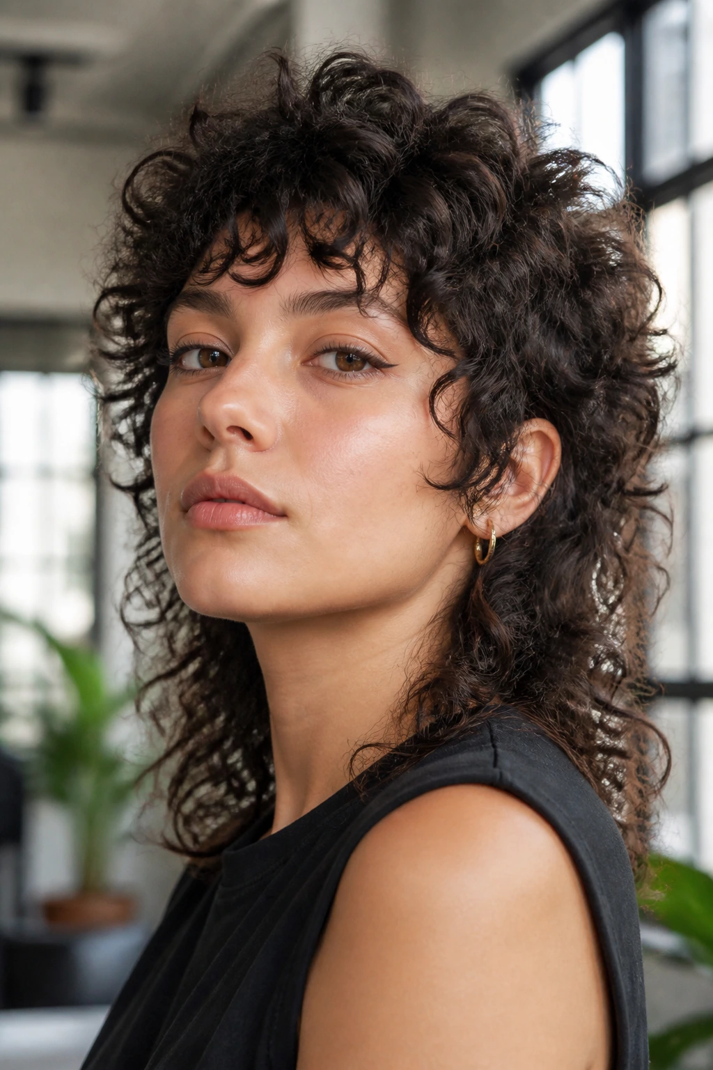 Close-up portrait of a person with a curly mullet, front short layers and longer back.