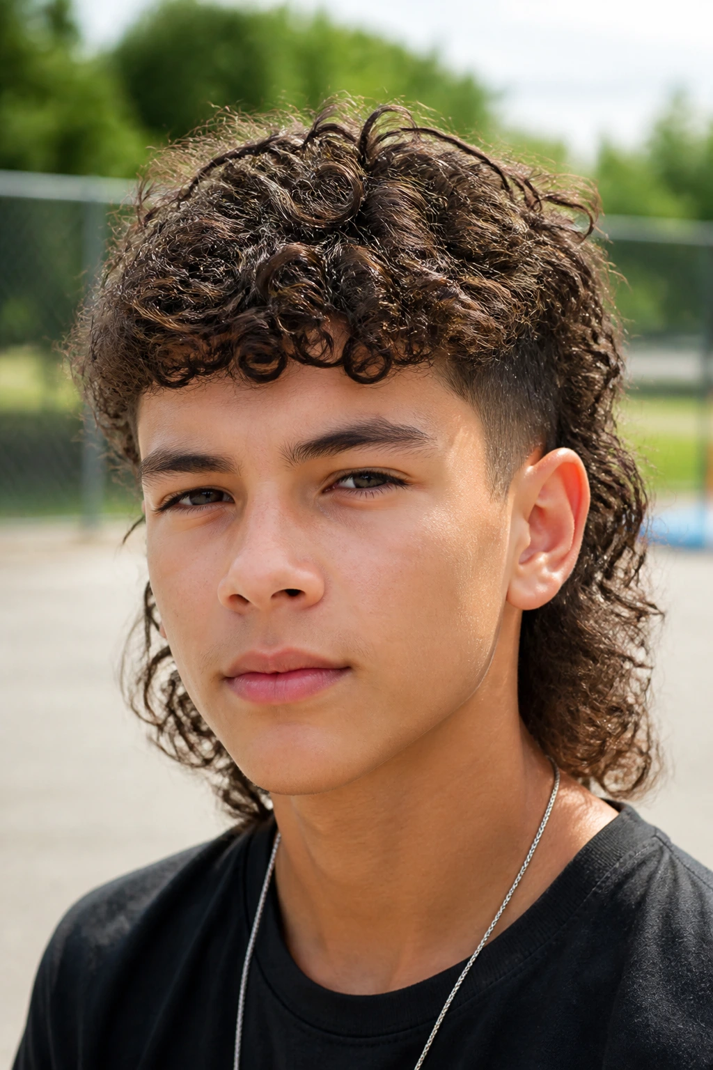 Close-up portrait of a real boy with a curly mullet, short sides and longer back.