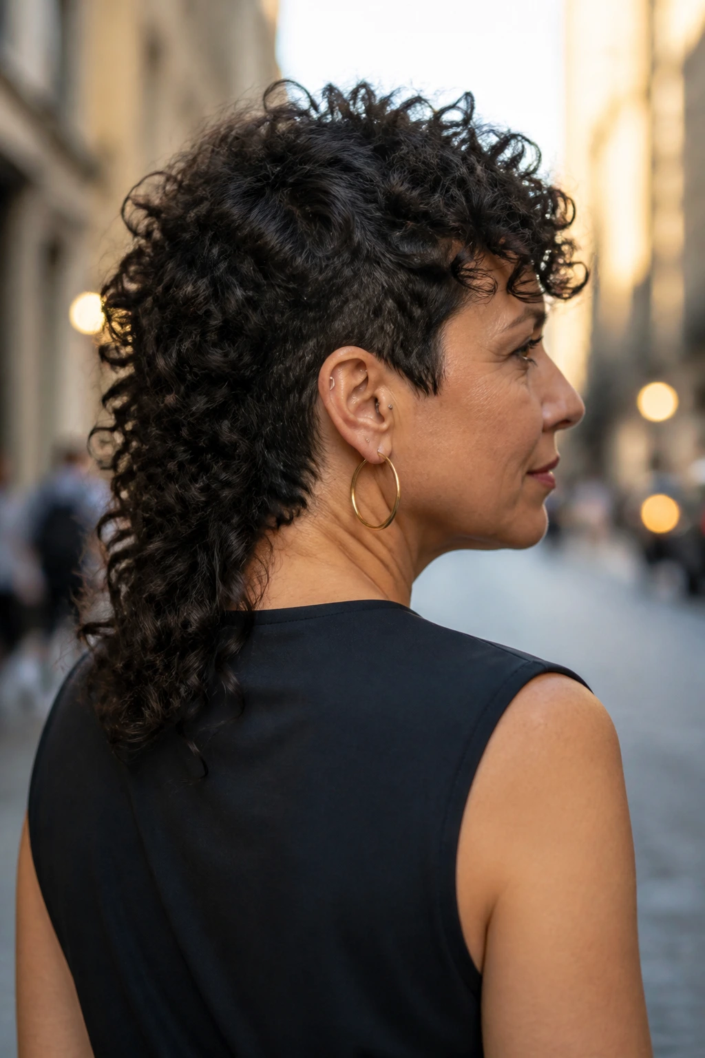 Real woman with curly mullet and tapered neckline in urban street setting
