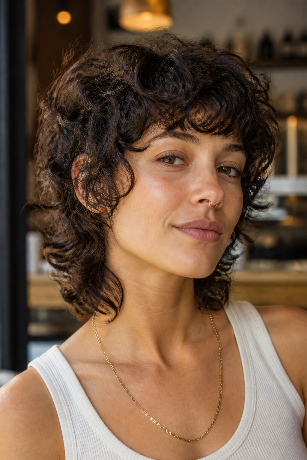 Real person with curly mullet shag hairstyle