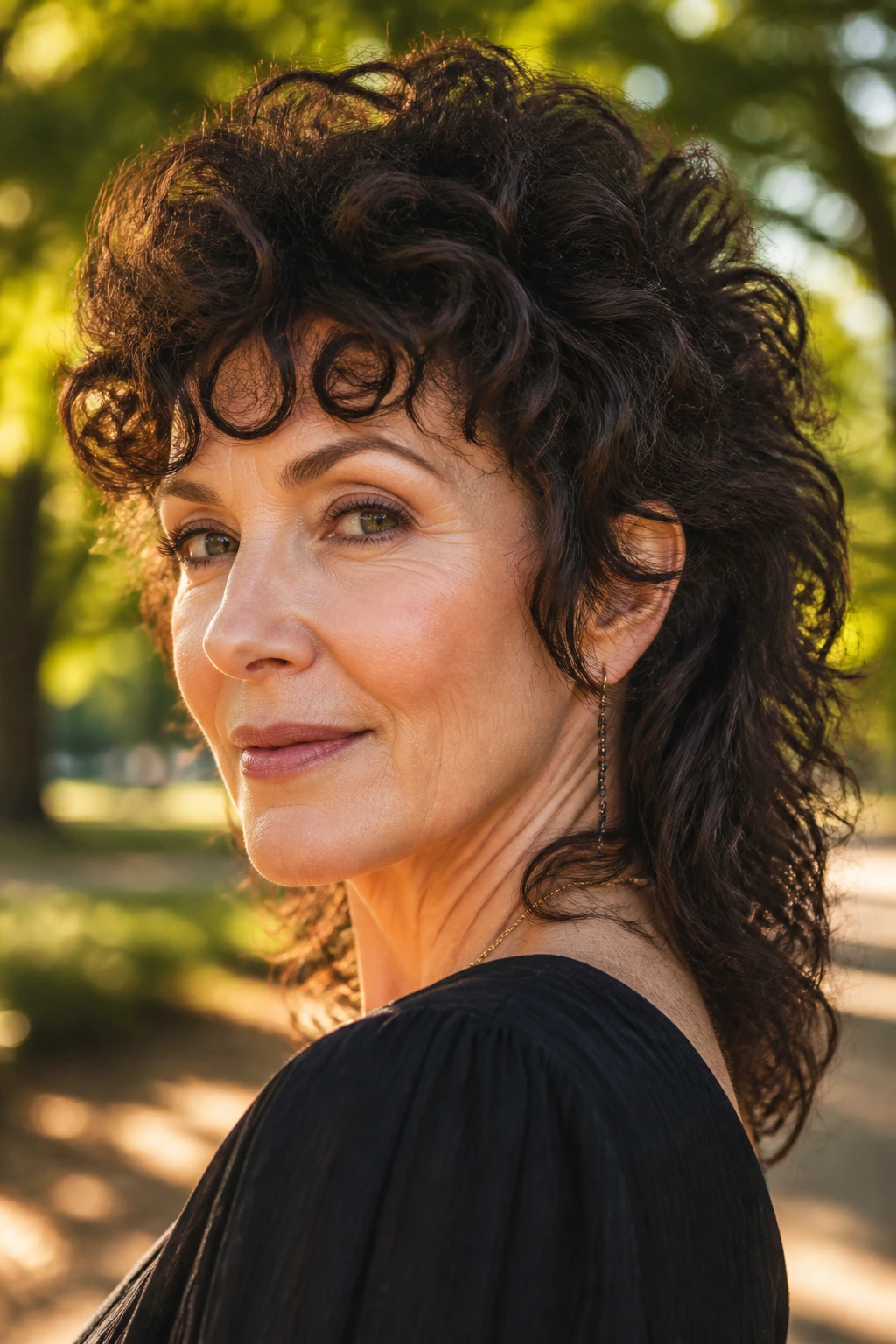 Portrait of a real woman with curly mullet shag and lifted crown.