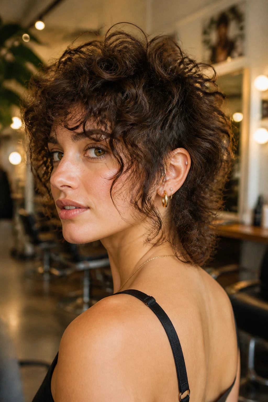 Portrait of a woman with curly mullet shag and tapered nape