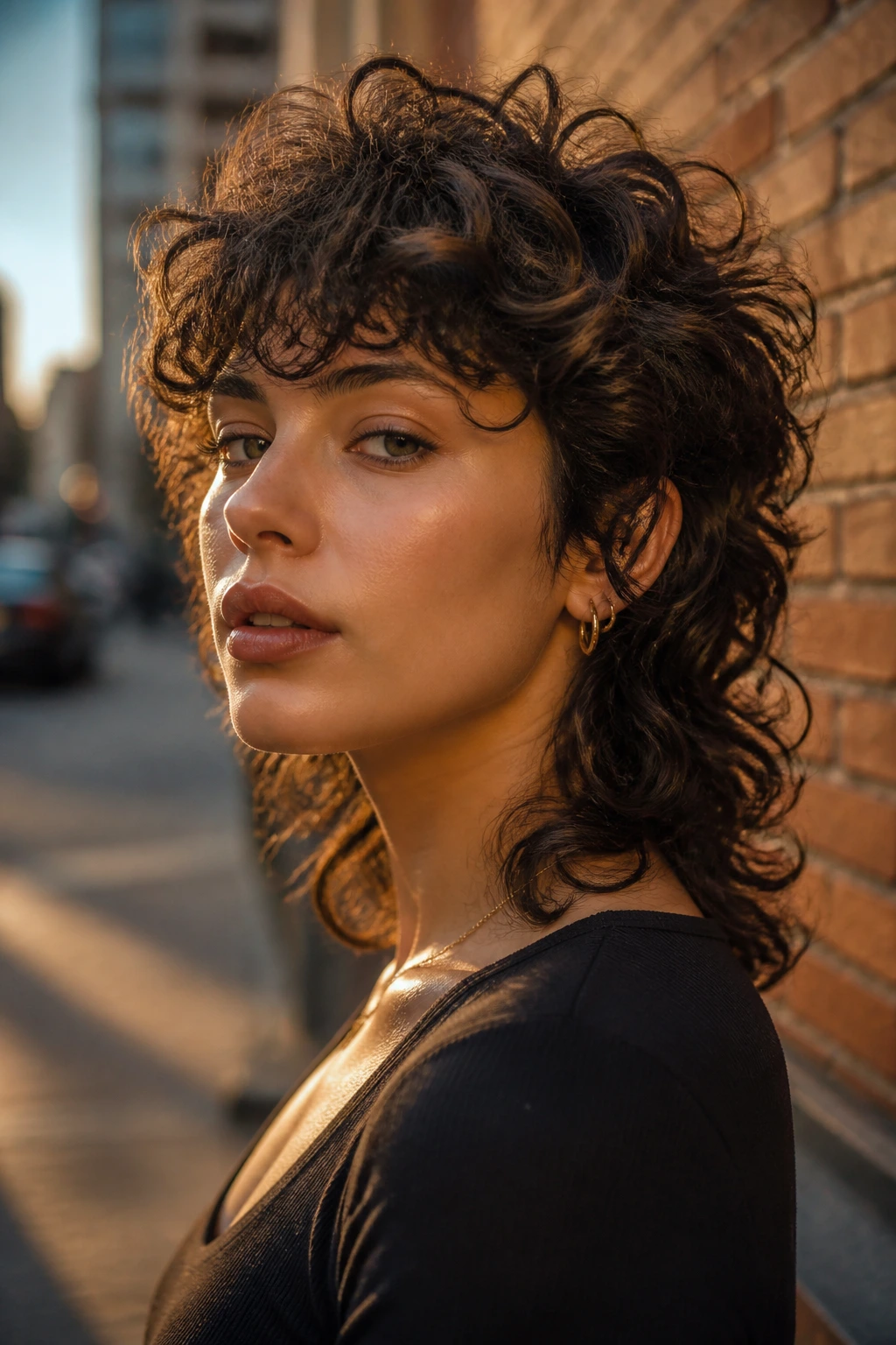 Close-up of Curly Mullet with Smoky Brunette Lowlights in urban golden hour light