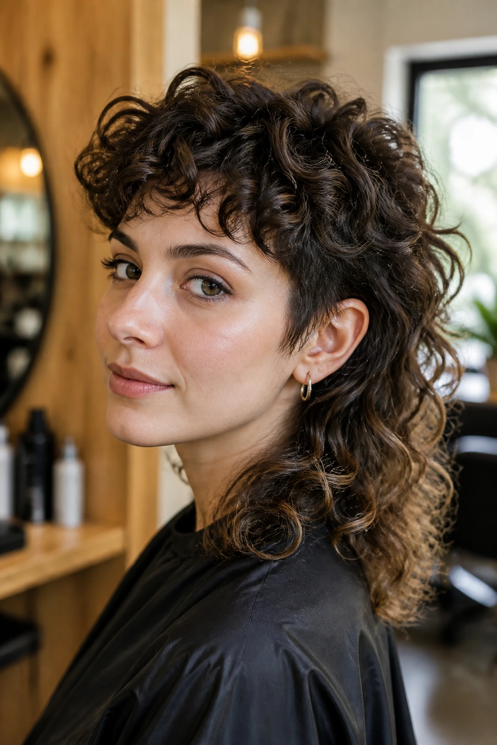 Close-up of real person with curly mullet and smoky brunette lowlights at crown