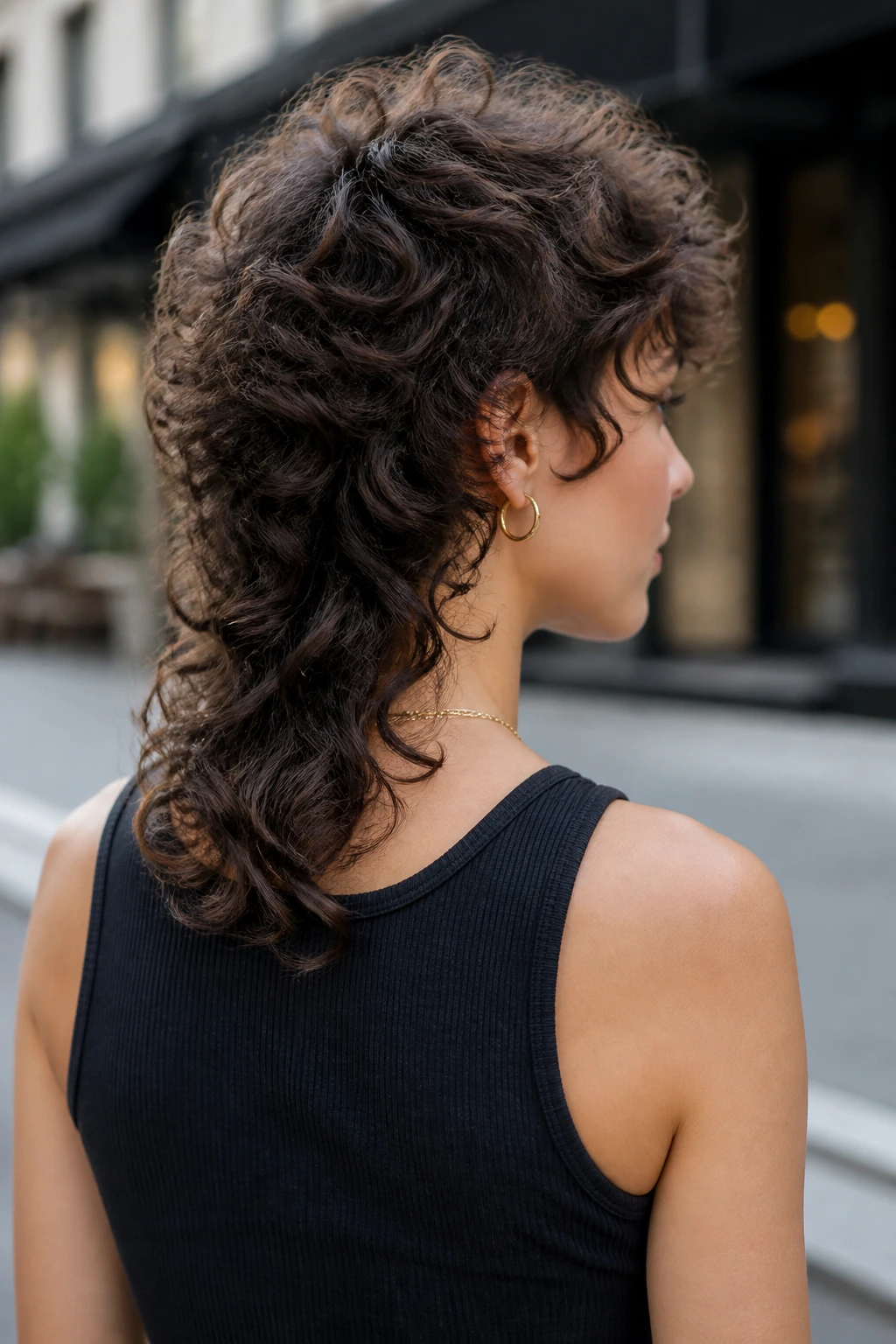 Back-of-head view of a real woman with a soft curly mullet in natural daylight